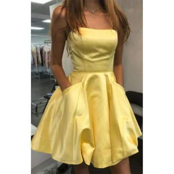 Жълто атласное рокля за бала 2022, мини-трапециевидное рокля с джобове, прости вечерни рокли за жени, къса рокля за бала, без презрамки