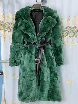 Зимни дамски внос палто от естествена заек Рекс, яке от естествена кожа заек X-Long, гъст топло дамско палто