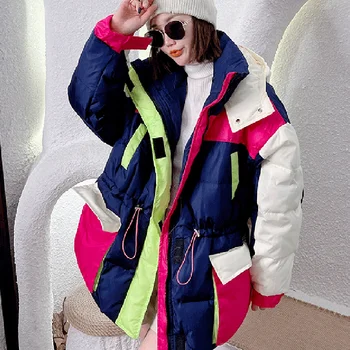 Зимно палто с памучна подплата хит цвят Харадзюку, дамско палто с памучна подплата, мода 2023, подходящи по цвят топли паркове с качулка, ежедневни дамски якета