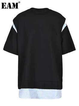 [ИАЛ] Дамски Черни Райета Ежедневни тениска с цветен блок Голям размер, Новата Модерна тениска с кръгло деколте и къс ръкав, Пролет-лято 2023 1DF7694