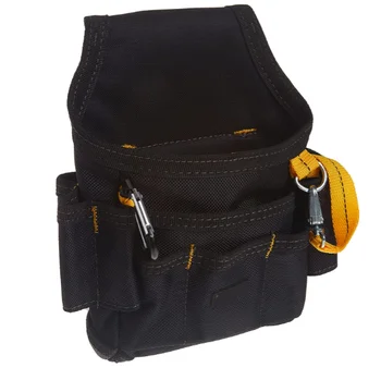 Изработена по поръчка кожена чанта Hicen за ремонт и електротехници с джобове за инструменти, ключове, фенерче, черен цвят
