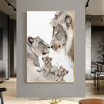 Картина върху платно с участието на семейство лъвове, модерни плакати и художествени картини на стените на всекидневната, украсени Cuadros