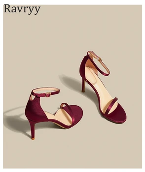 Кожени червени сатенени сандали на висок ток с каишка в една дума, новост 2023 г., летни черни секси велурени дамски обувки с отворени пръсти и катарама