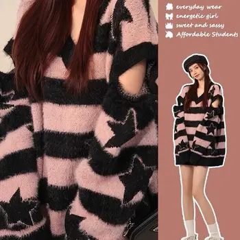 Корейски модерен вязаный жилетка в стил харадзюку с V-образно деколте, секси пуловер с дълъг ръкав, пуловер райе в стил ретро Deeptown, дамски блузи Y2K