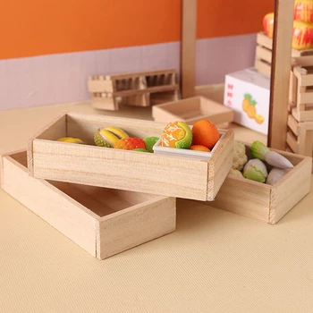 Куклена къща Мини Дървена кошница за съхранение на плодове, зеленчуци, кутия за съхранение на продукти, декорация за дома за готвене, играчка