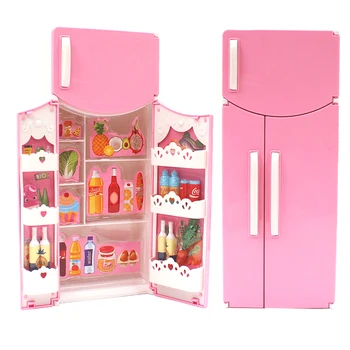 Луксозен розов хладилник, симулиращ мини-хладилник, шкаф за кукли Барби, за момичета-кукли Кели, играчка мебели 001A