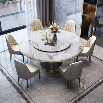 Луксозна маса за хранене в скандинавски стил, кръгла въртяща се маса, маса за хранене в италиански стил, индустриални водоустойчиви плотове, преносима мебели за дома