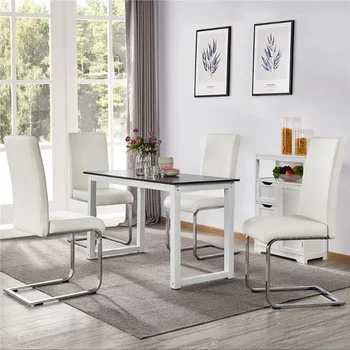Модерни трапезни столове SMILE MART, трапезни столове с висока облегалка, кухненски столове от изкуствена кожа с метални крака, бял