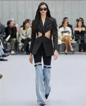 Модни дънкови панталони с колан в американски стил в стил мозайка, пролет 2023, нови директни широки панталони с висока талия в наличност