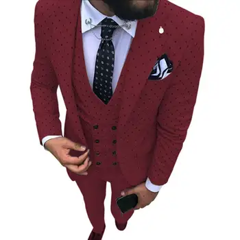 Мъжки Бордо костюм, Комплект от 3 теми, Оборудвана Двубортный Жилетка с изрезки на Лацканах, Смокинги за Младоженеца на Сватбата (Блейзър + жилетка + Панталони)