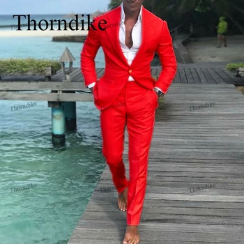Мъжки костюм Thorndike, Червени Бизнес Блейзери, Сватбен Костюм на Младоженеца от 2 теми, Оборудвана с Костюм, Сако и Панталони, Мъжки Смокинг, Костюм Homme