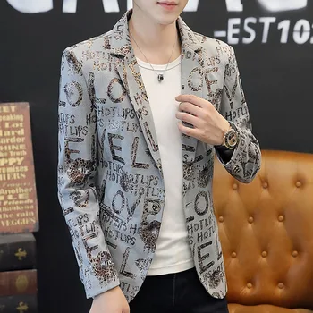 Мъжки нов случайни яке с творчески писмото принтом от изкуствен велур в корейски стил, изискан модерен универсален бизнес ежедневното палто