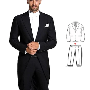Направен по поръчка на Модни Мъжки костюми от 2 теми, Черен Смокинг, Фрак за Младоженеца, Сватбена Смокинг, Официално Сако за бала (Яке + Панталон, Мъжки костюм