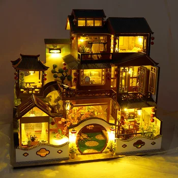 Направи си сам дървена мини-куклена къща китайската традиционна голяма вила Куклена къща Събрани играчки за деца за рожден ден, Коледни подаръци за възрастни