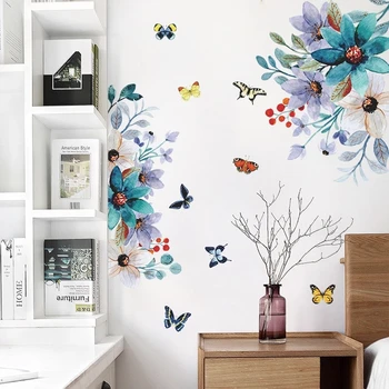 Нарисувани цветя стикери за стена с пеперуди, хол, спалня, декорация на верандата, стикери за стена, подвижни романтични цветя, домашен декор