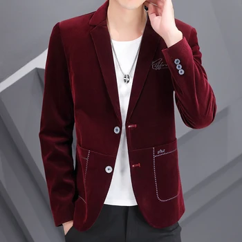 Нов вино-червено мъжки яке корейски тънък индивидуалност красив малък костюм вельветовое палто модни однобортные обикновена блейзери