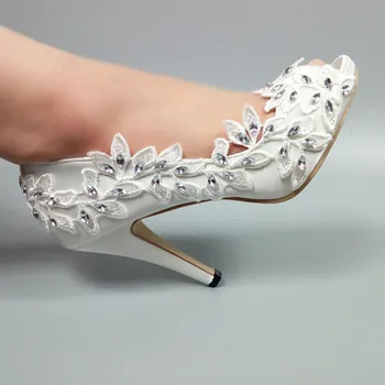 Ново записване, женски сватбени обувки с отворени пръсти, модни обувки с отворена страна, дамски официални модела обувки с цветя модел и рибено пръсти, дамски обувки голям размер