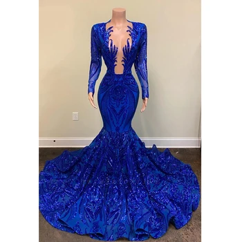 Прекрасна кралско синьо дантелено вечерна рокля Русалка с дълги ръкави, секси дълбоко V-образно деколте, атласное дантелено рокля с пайети, празнична рокля с волани
