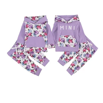 Пролет-Есен облекло от 2 теми за малките Момичета, Hoody с дълги ръкави и Цветисти/Писмото принтом + Панталони с завязками на талията, Костюми за Малките Момичета, 0-24 м