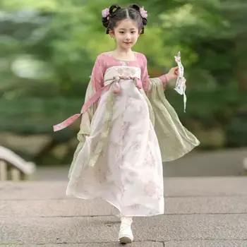 Пролетно-лятна рокля Hanfu за момичета, костюм Тан, новост 2023 г., модни детски рокли принцеса фея с дълъг ръкав и бродерия в стил мозайка