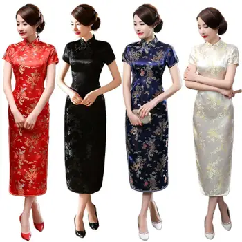 Ретро китайското традиционната рокля Женски Ципао с цветна бродерия Чонсам Женски Ципао с висока цепка халат chinoise китайското рокля