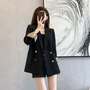 Ретро нов сако, дамско пролетно-есенна яке, блейзери, палта, корейската мода, луксозни двухрядные копчета, брендовое черна козина