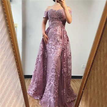 Розова русалка на поръчка в Елегантна вечерна рокля с къс ръкав и цветя, секси дантелени рокли с отворени рамене и кристали, вечерни рокли за официални партита