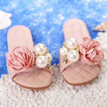 Сандали принцеси за момичета, летни детски чехли с цвете аппликацией и перли, бутикови сватбени партита, танцови модела обувки, размери 24-37, обувки на плоска подметка