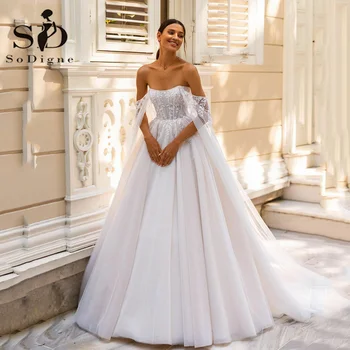 Сватбена рокля SoDigne Boho с открити рамене, без ръкави, реколта дантела и апликация с пайети, шаферски рокли, Vestido De Новия