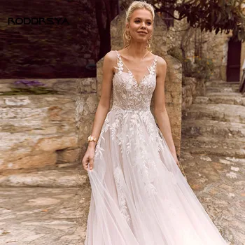 Сватбени рокли RODDRSYA Princess в стил бохо, плажни дантелени апликации, V-образно деколте, открита на въртене, богемное сватбена рокля с стреловидным влак, Vestido De Новия