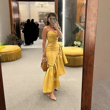 Секси дълги сатенени жълти вечерни рокли с волани, мюсюлмански, в стил хай-Лоу, плисе, асиметрични вечерни рокли за жени