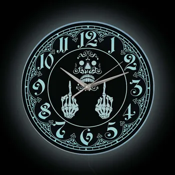 Скелет на Средния пръст led стенни часовници за мъже Пещера Вулгарен обидно Хелоуин череп Начало декор с подсветка Дисплей Часовник с подсветка