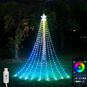 Управлението на приложение RGB водопадные гирлянди с коледната елха, звезда, захранване от USB, 350 светодиоди, Коледна звезда, страхотна светлина, външен декор