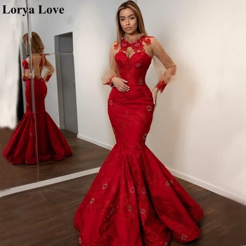 Червени вечерни рокли на Русалка с дълги ръкави 2022, секси дамски официални рокли, елегантни сатенени рокли, дълги макси рокля за бала