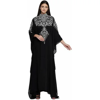 Черен кафтан Абайя Хиджаб с дълги ръкави, работа на Зората, бродерия, ислямското дълга рокля, моден тренд в Европа и Америка