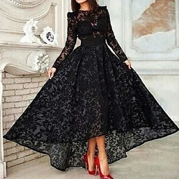 Черни мюсюлмански вечерни рокли трапецовидна форма с дълъг ръкав от дантела с дължина до чай, ислямска, Дубайское, Саудовское, арабски, дълга елегантна вечерна рокля