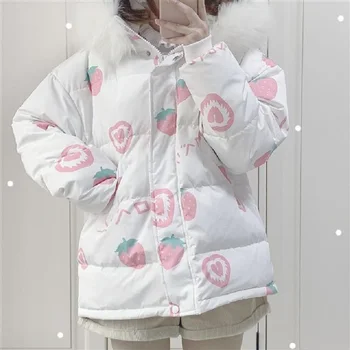 Японски jk сладко ягодово сако, памучен дебел hoody с качулка, женски елегантен дизайн, красиви зимни палта с цип, стилни топла горна дреха в стил Харадзюку